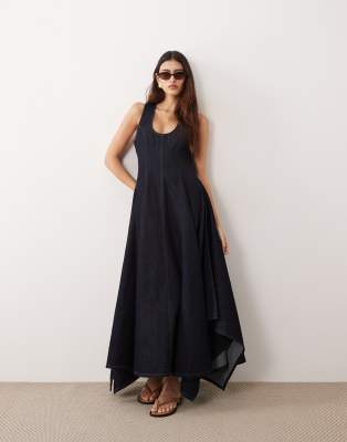 Arrange Drop Neck Denim Pleated Hanky Hem Maxi Dress In Blue