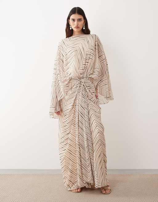 ARRANGE drop waist grecian draped cape sleeve maxi dress in chevron print, 2 of 4