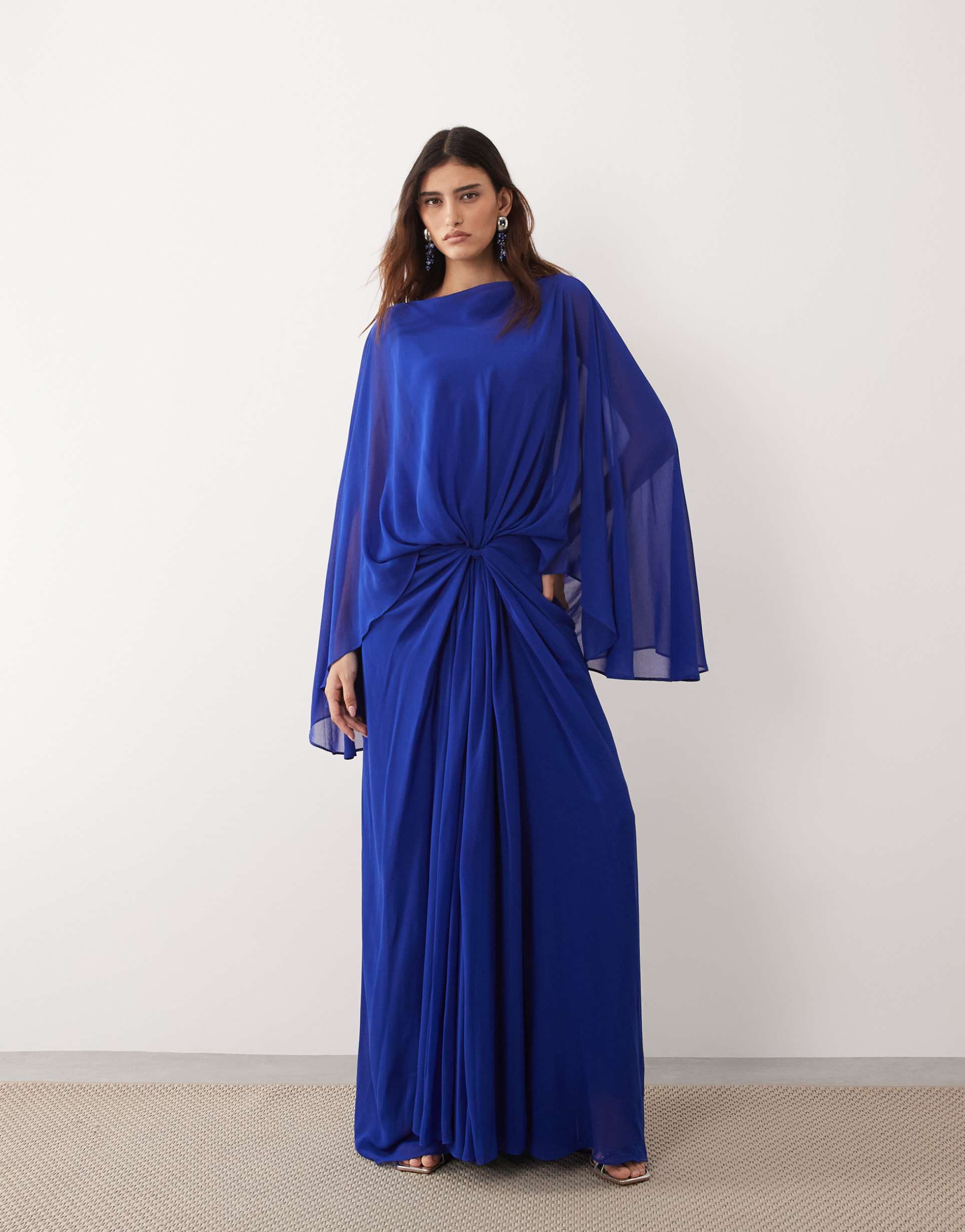 arrange drop waist grecian draped cape sleeve maxi dress in cobalt blue