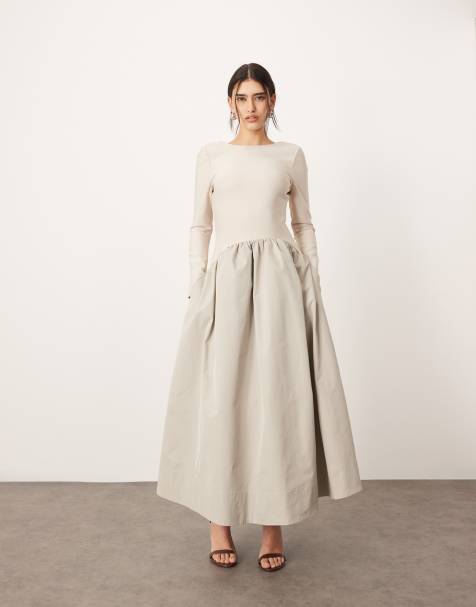 ARRANGE drop waist long sleeve maxi dress with contrast skirt in silver grey