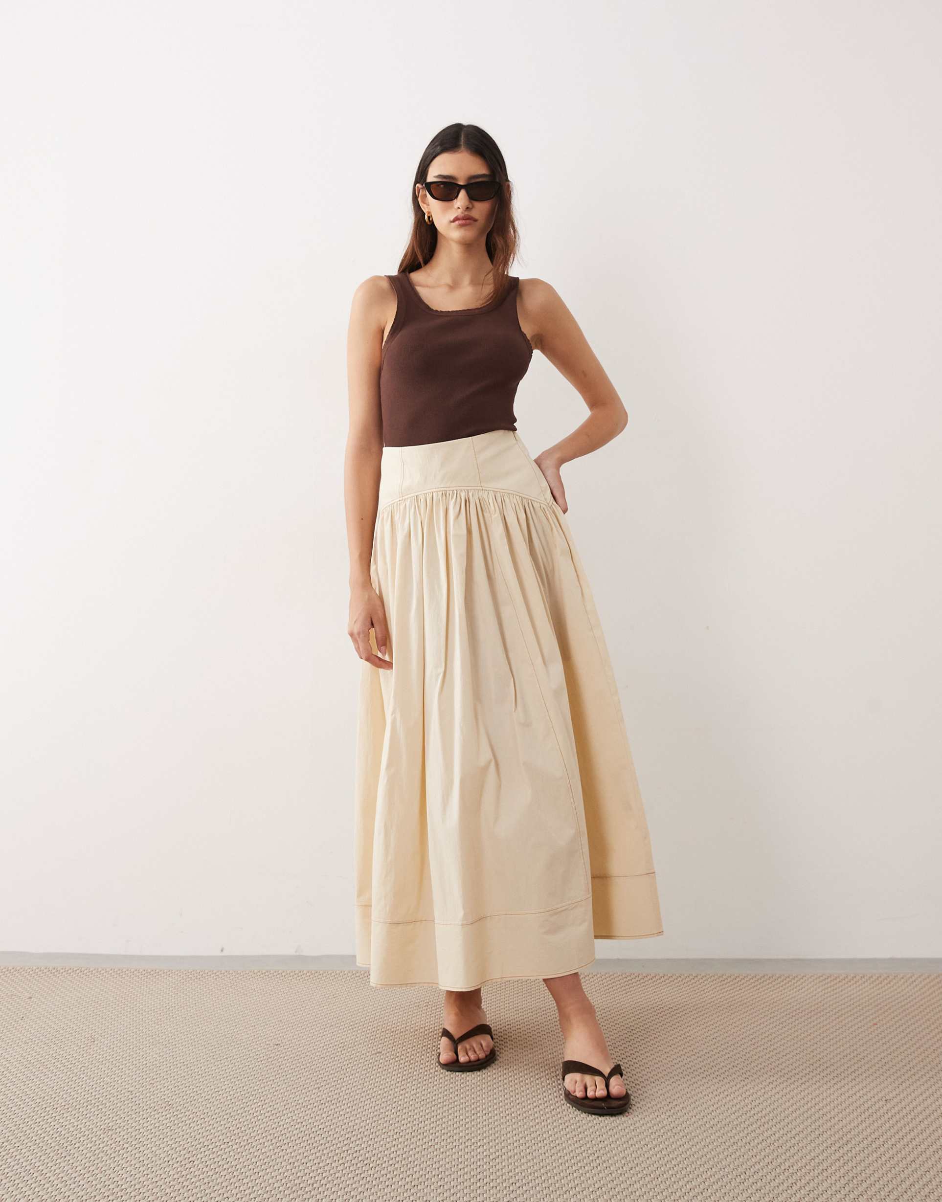 arrange drop waist maxi skirt with topstitch detail in stone