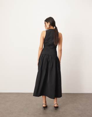 Arrange Drop Waist Ruched Detail Funnel Neck Maxi Dress In Black