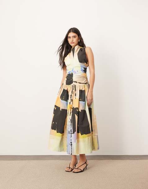 ARRANGE drop waist ruched detail funnel neck midi dress in paint print - view 1