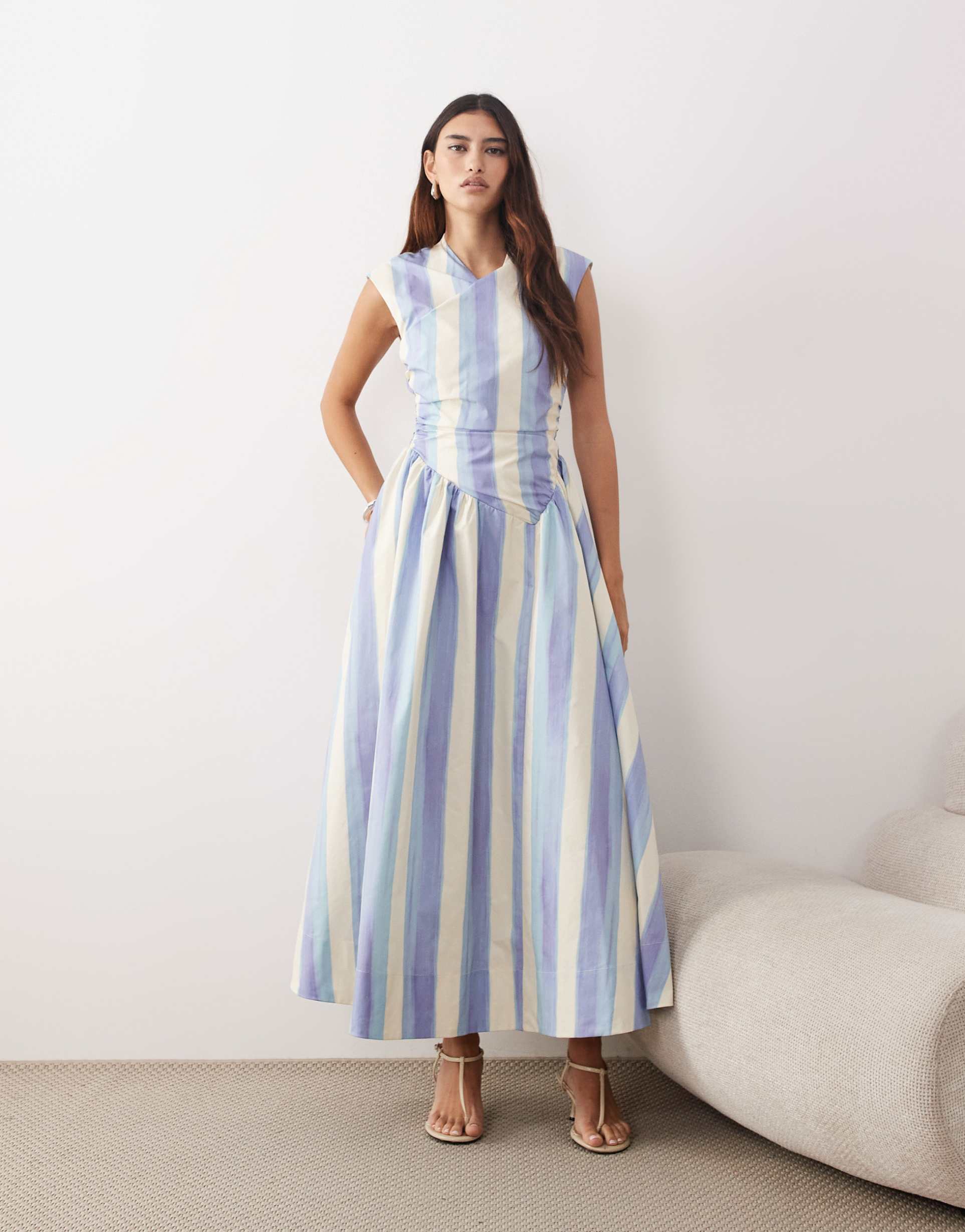 arrange dropped waist midaxi wrap dress in blue stripes