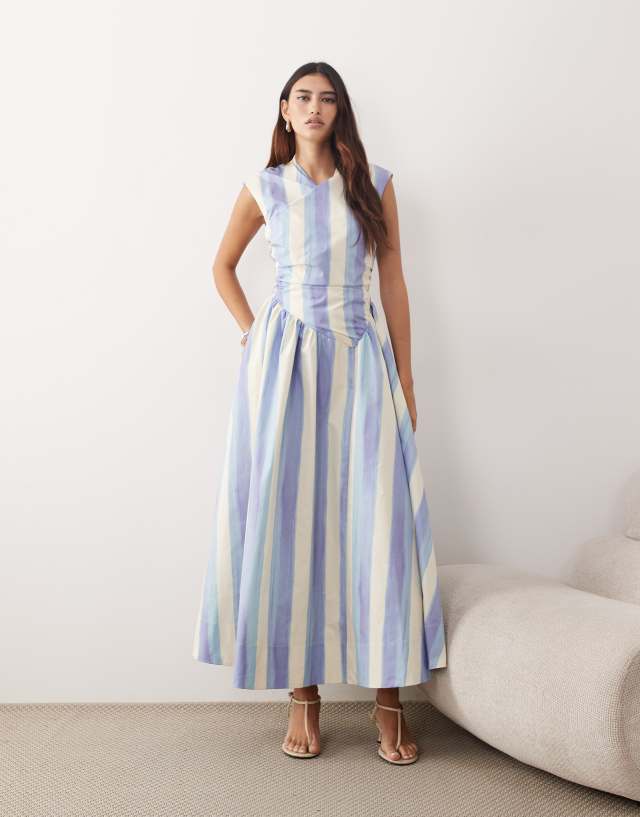 ARRANGE dropped waist midaxi wrap dress in blue stripes