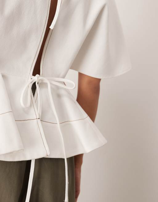 ARRANGE - Ecrufarvet peplum-top med flagermusærmer i twill, 2 af 4