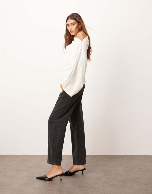 ARRANGE Eden barrel leg high waist hotfix jeans in black, 2 of 5
