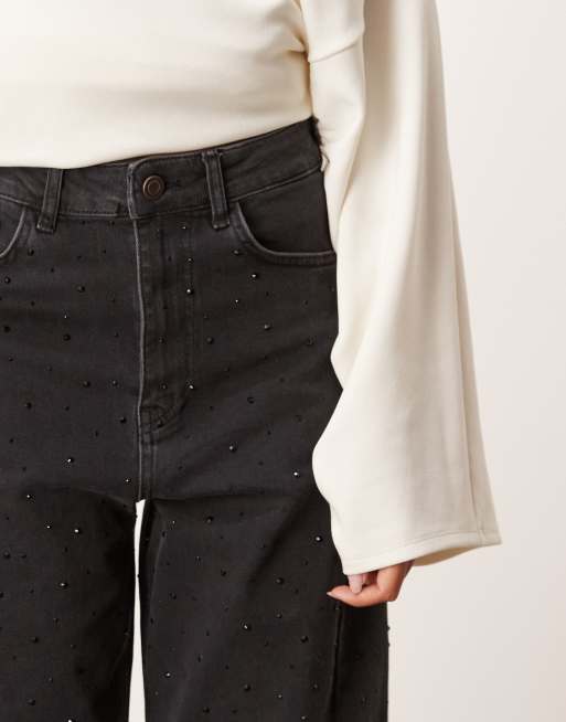 ARRANGE Eden barrel leg high waist hotfix jeans in black, 3 of 5
