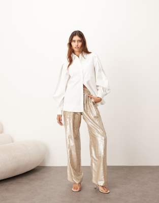 ARRANGE - Elegante, gerade geschnittene Hose in Creme mit Paillettenverzierung-Weiß
