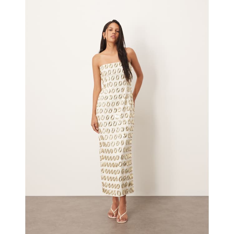 ARRANGE embellished 3D gold detail bandeau column midi dress in cream | ASOS