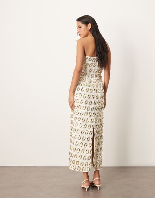 ARRANGE embellished 3D gold detail bandeau column midi dress in cream