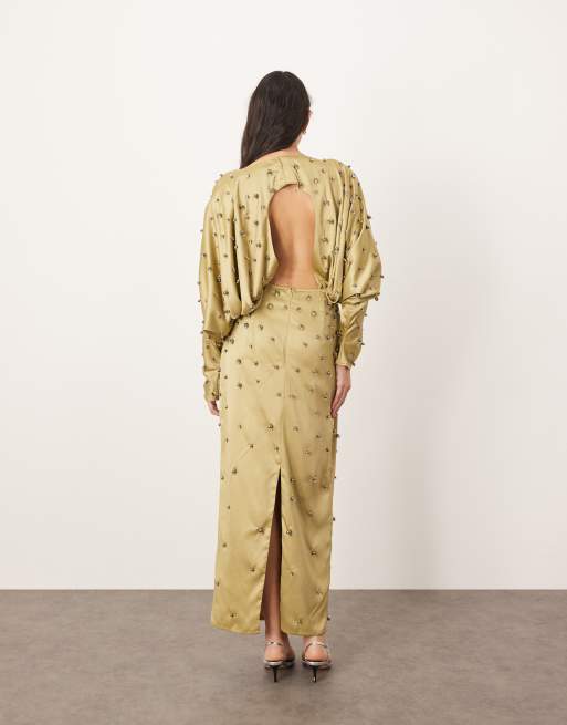 ARRANGE embellished ball bearing strong shoulder open back maxi dress in green