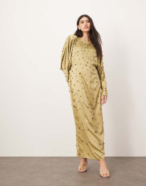 ARRANGE embellished ball bearing strong shoulder open back maxi dress in green