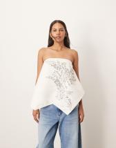 ASOS DESIGN linen blend cinch waist bandeau top in polka dot co ord
