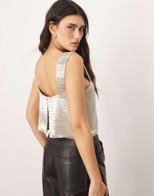 トップス YILON Neck arrange tops ARRANGE embellished beaded square neck boxy crop top in