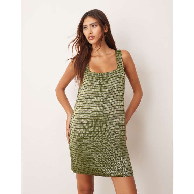 ARRANGE embellished beaded square neck mini shift dress in olive | ASOS