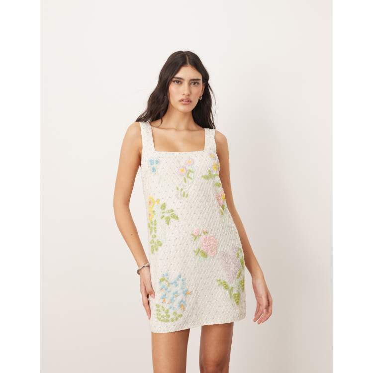 ARRANGE embellished botanical floral beaded square neck mini dress in white  | ASOS