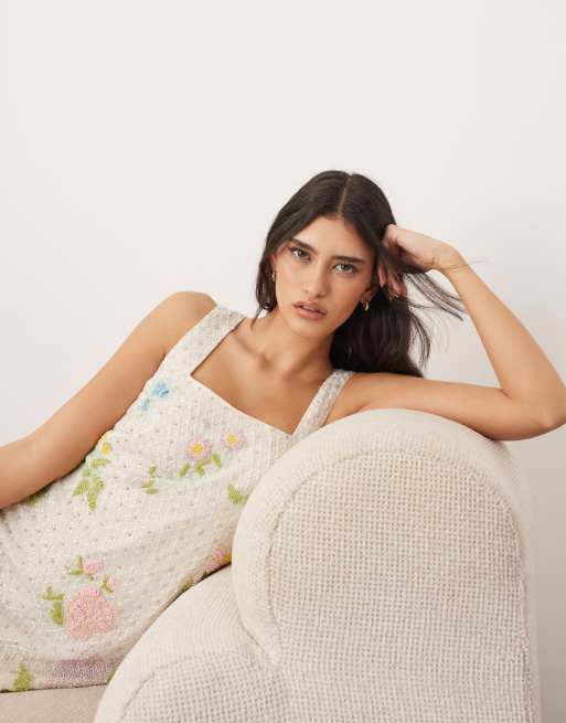 ARRANGE embellished botanical floral beaded square neck mini dress in white