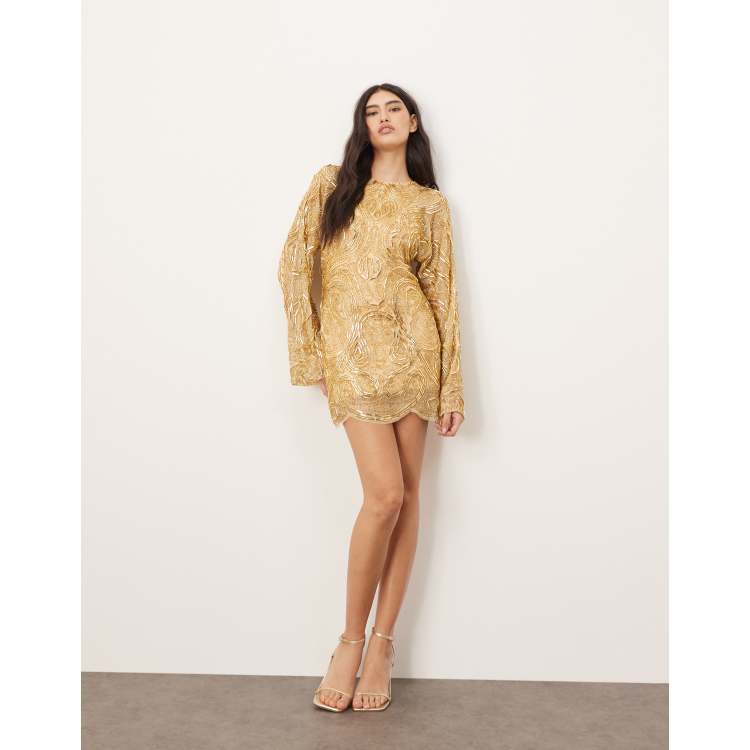 ARRANGE embellished contour bead wide sleeve mini dress in gold | ASOS