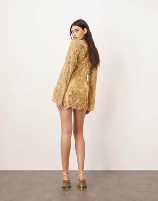 Arrange Embellished Contour Bead Wide Sleeve Mini Dress In Gold