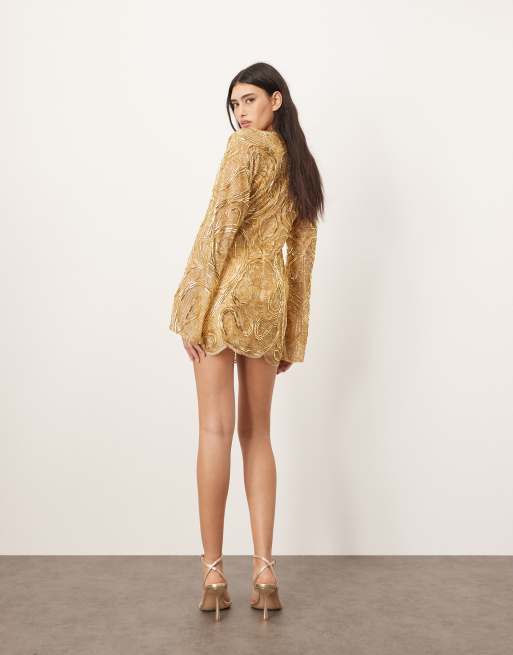 ARRANGE embellished contour bead wide sleeve mini dress in gold