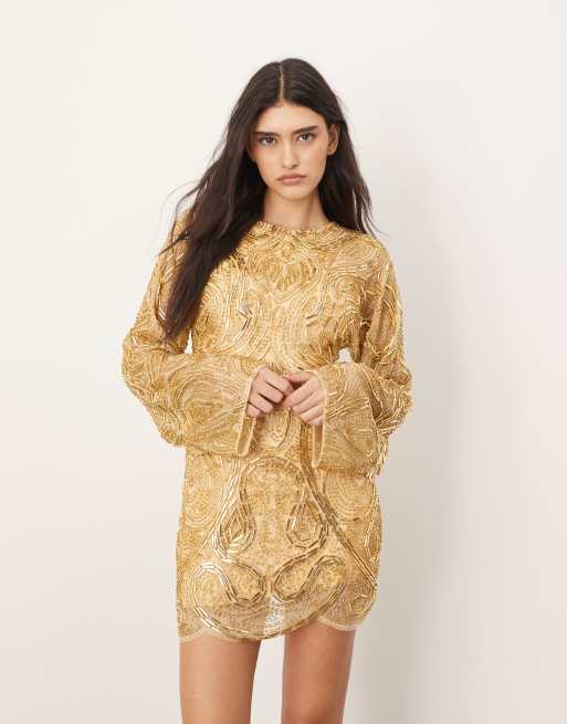ARRANGE embellished contour bead wide sleeve mini dress in gold