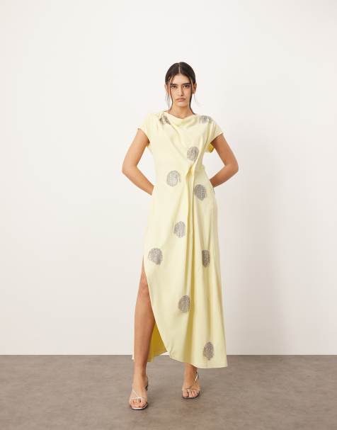 ARRANGE embellished diamante fringe spot drape midi dress in lemon - view 1