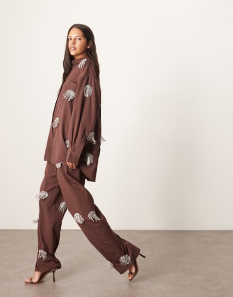 ARRANGE embellished diamante fringe spot oversized shirt and wide leg pants set in chocolate - view 1