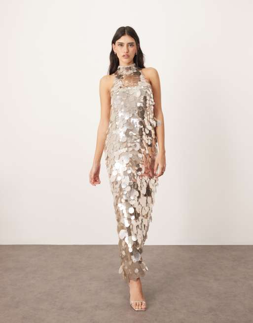 ARRANGE embellished disc sequin high neck column maxi dress in silver