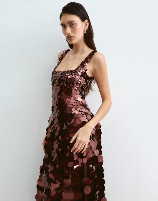 ARRANGE embellished disc sequin square neck full skirt midi dress in burgundy, 2 of 5