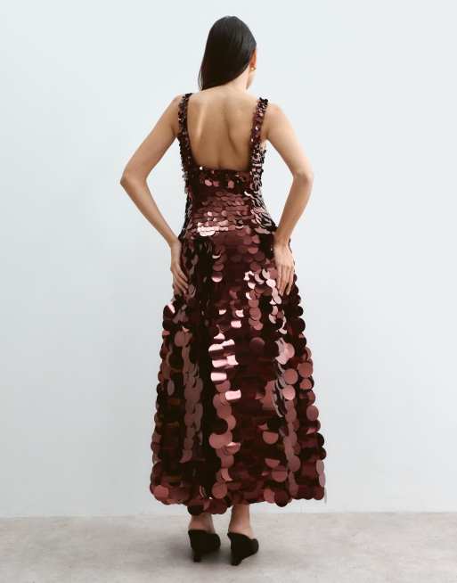 ARRANGE embellished disc sequin square neck full skirt midi dress in burgundy, 3 of 5
