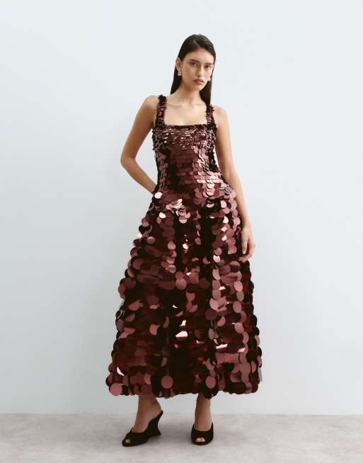 ARRANGE embellished disc sequin square neck full skirt midi dress in burgundy, 5 of 5