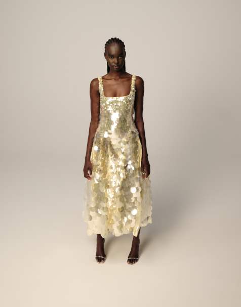 ARRANGE embellished disc sequin square neck full skirt midi dress in lemon - view 1