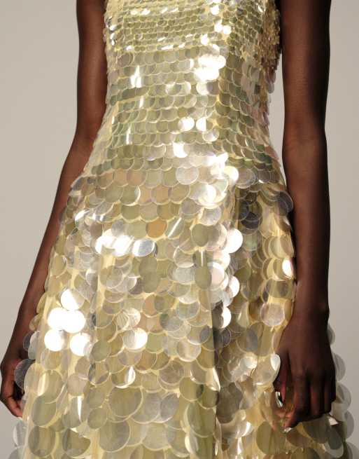 ARRANGE embellished disc sequin square neck full skirt midi dress in lemon
