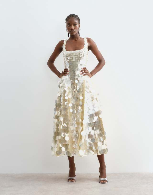 asos glitter dress ARRANGE embellished disc sequin square neck full skirt midi in lemon cf-size-us16