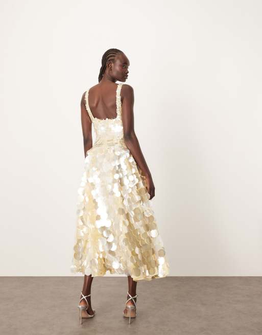 ARRANGE embellished disc sequin square neck full skirt midi dress in lemon