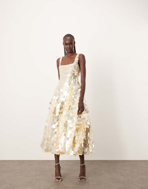 ARRANGE embellished disc sequin square neck full skirt midi dress in lemon