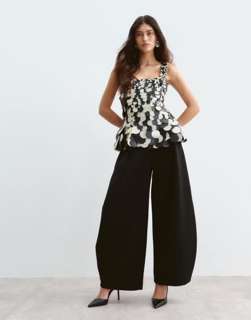 ARRANGE embellished disc sequin square neck top in black and white sequin, 2 of 4