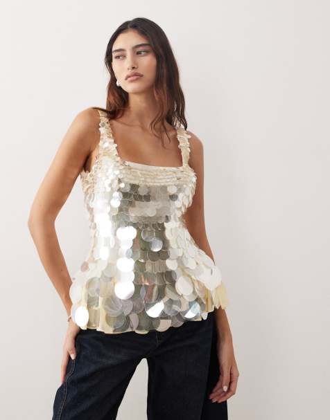 ARRANGE embellished disc sequin square neck top in buttermilk - view 1