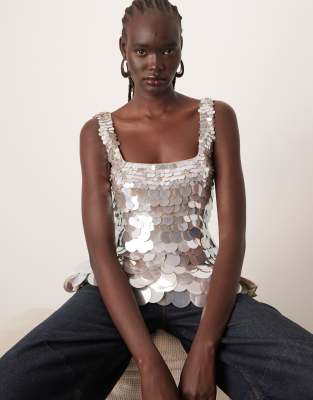 Arrange Embellished Disc Sequin Square Neck Top In Silver