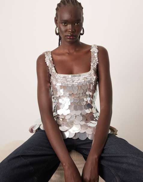 ARRANGE embellished disc sequin square neck top in silver