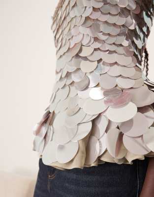 Arrange Embellished Disc Sequin Square Neck Top In Silver