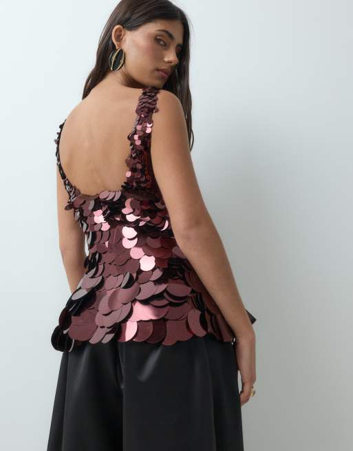 ARRANGE embellished disc sequin square neck top in wine, 5 of 5