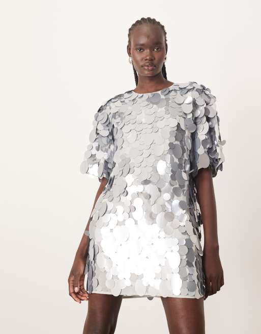 ARRANGE embellished disc sequin T-shirt mini dress in light blue