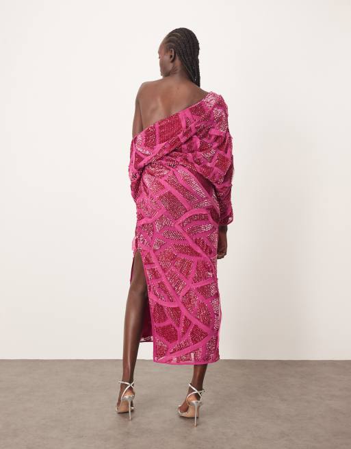 ARRANGE embellished drape off shoulder raw edge abstract sequin maxi dress in raspberry pink