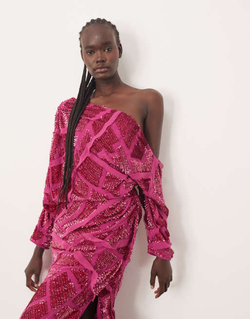 ARRANGE embellished drape off shoulder raw edge abstract sequin maxi dress in raspberry pink