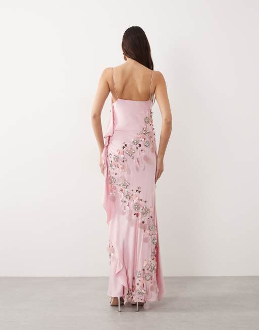 ARRANGE embellished drape satin maxi dress in pink, 4 of 4