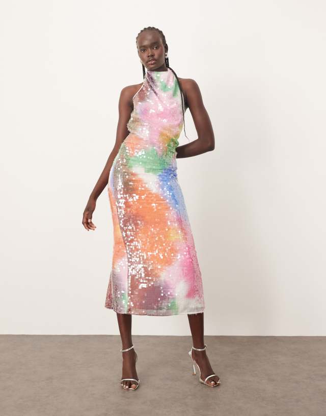 halter column midi dress ARRANGE embellished draped maxi in abstract sequin Ecom Style:AP1D105325
