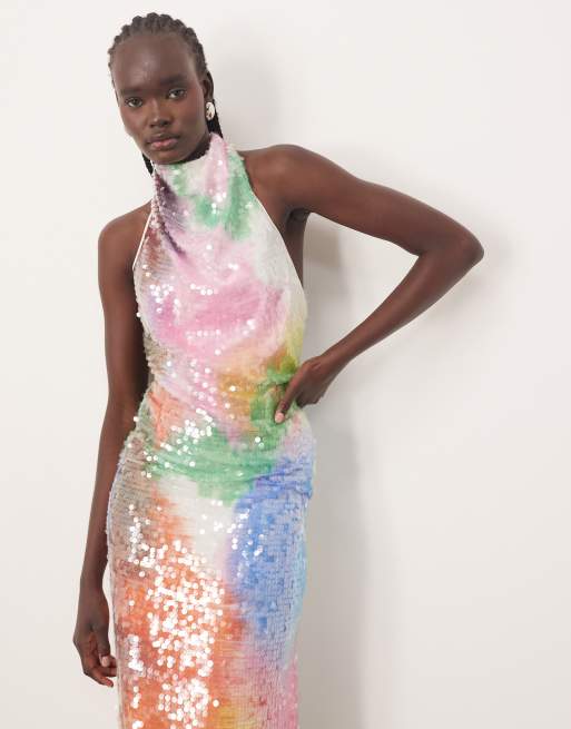 ARRANGE embellished draped halter column maxi dress in abstract sequin