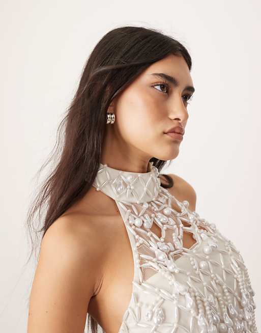 ARRANGE embellished encrusted pearl asymmetric halter top in ARRANGE embellished encrusted pearl asymmetric halter top in